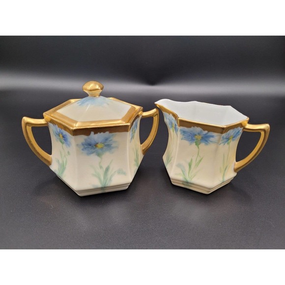 CS Prussia Creamer Sugar Hand Painted Porcelain Blue Daisy Coneflower Gold Trim